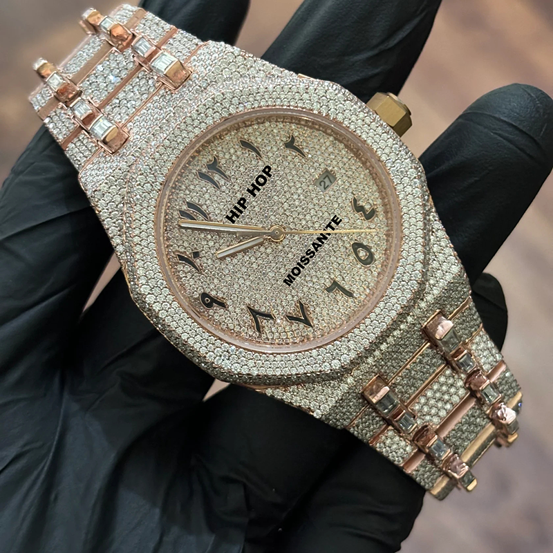 Luxury Statement Bezel Setting Golden Tone Automatic Moissanite Diamond Watches for Men's Premium Occasions