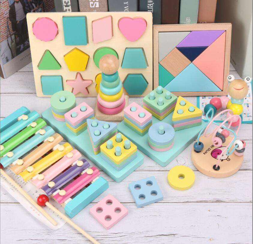 XUX Baby Montessori Wooden 3d Toys Children Learning Kids Colorful Wooden Blocks Educational Toy Wooden Montessori Toys