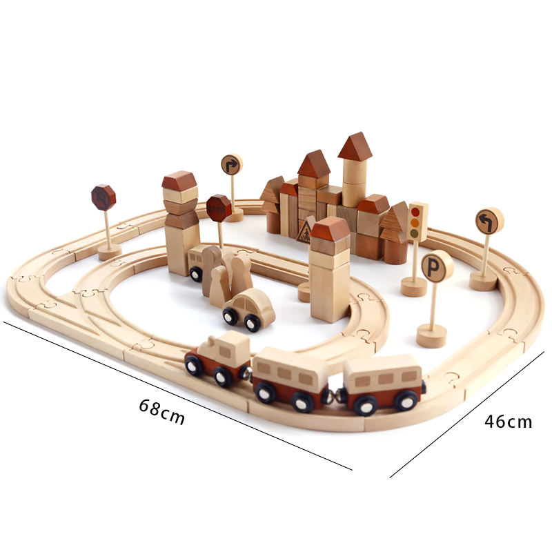 High-end wooden train track toys, unpainted building blocks, a variety of environmentally friendly wood children's toys