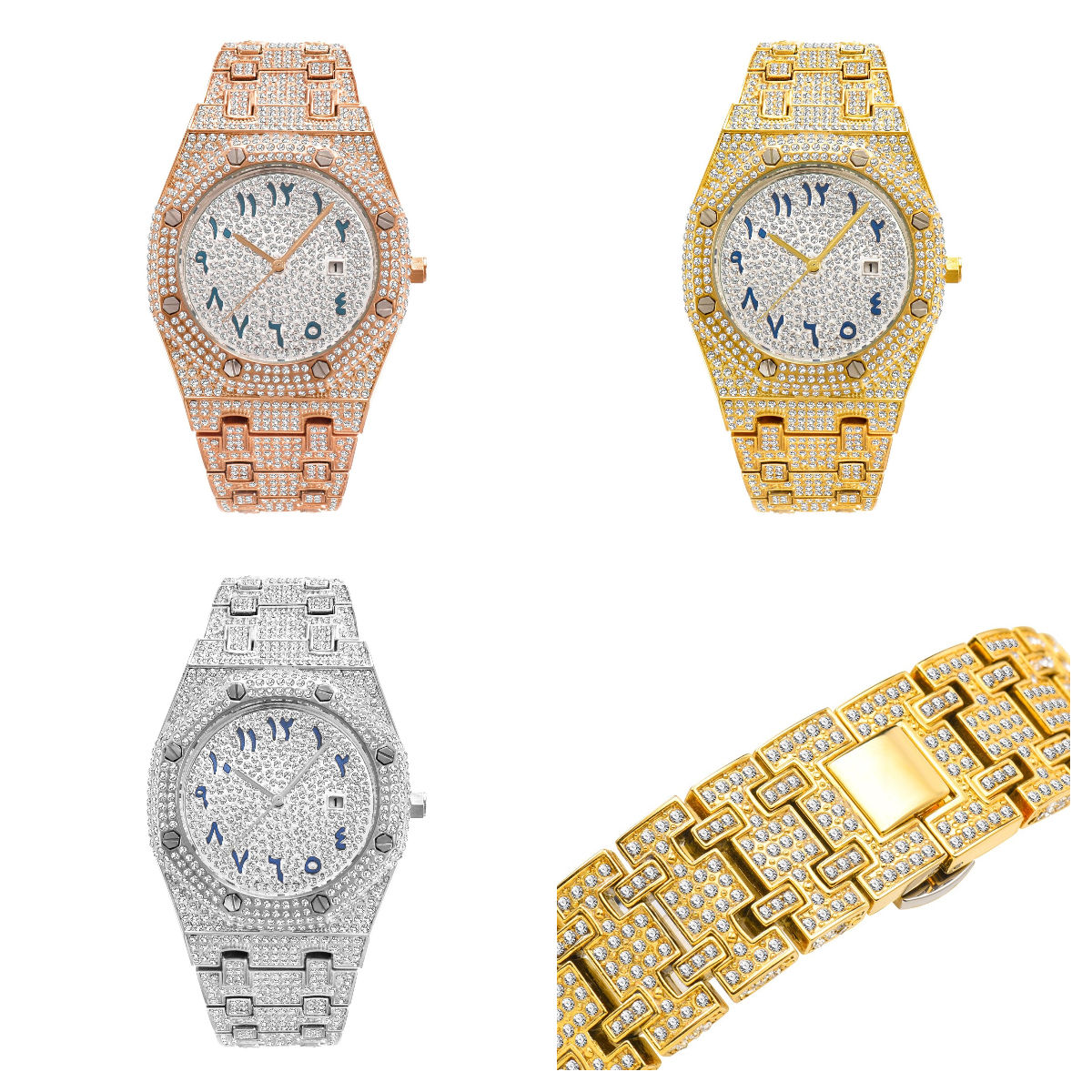 Luxury Hip Hop Iced Out Diamond Moissanite Wrist Watch VVS Flower Setting Diamond Moissanite Watch