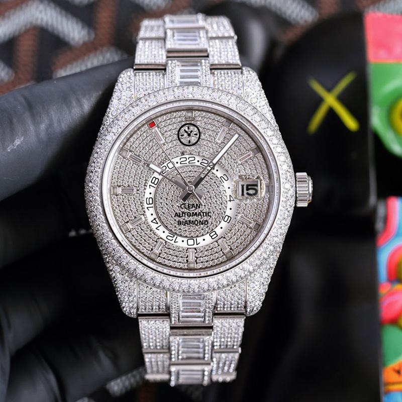 5A Quality Luxury Jewelry Full Moissanite Diamond Watch Shiny Silver Watch Automatic Mechanical Movement Watch For Men With Box