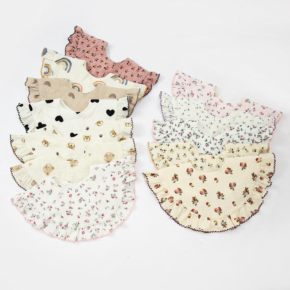 New styles of Newborn Babies Products Soft And Breathable Cotton Vintage Floral Muslin 360 round Baby Bibs With Fringe