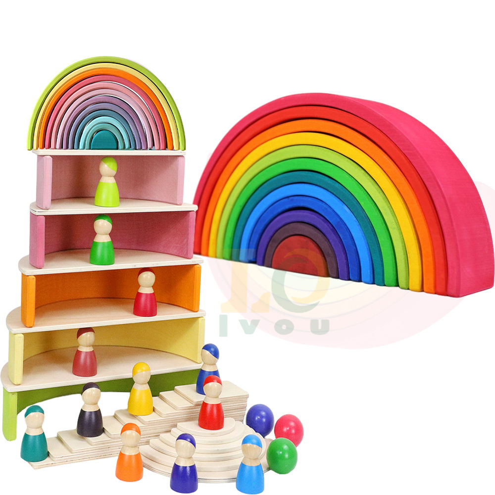 LVOU Montessori Educational Toys Wooden colorful Blocks Stacking Toy Large Building Blocks Toys for kids boys and girls