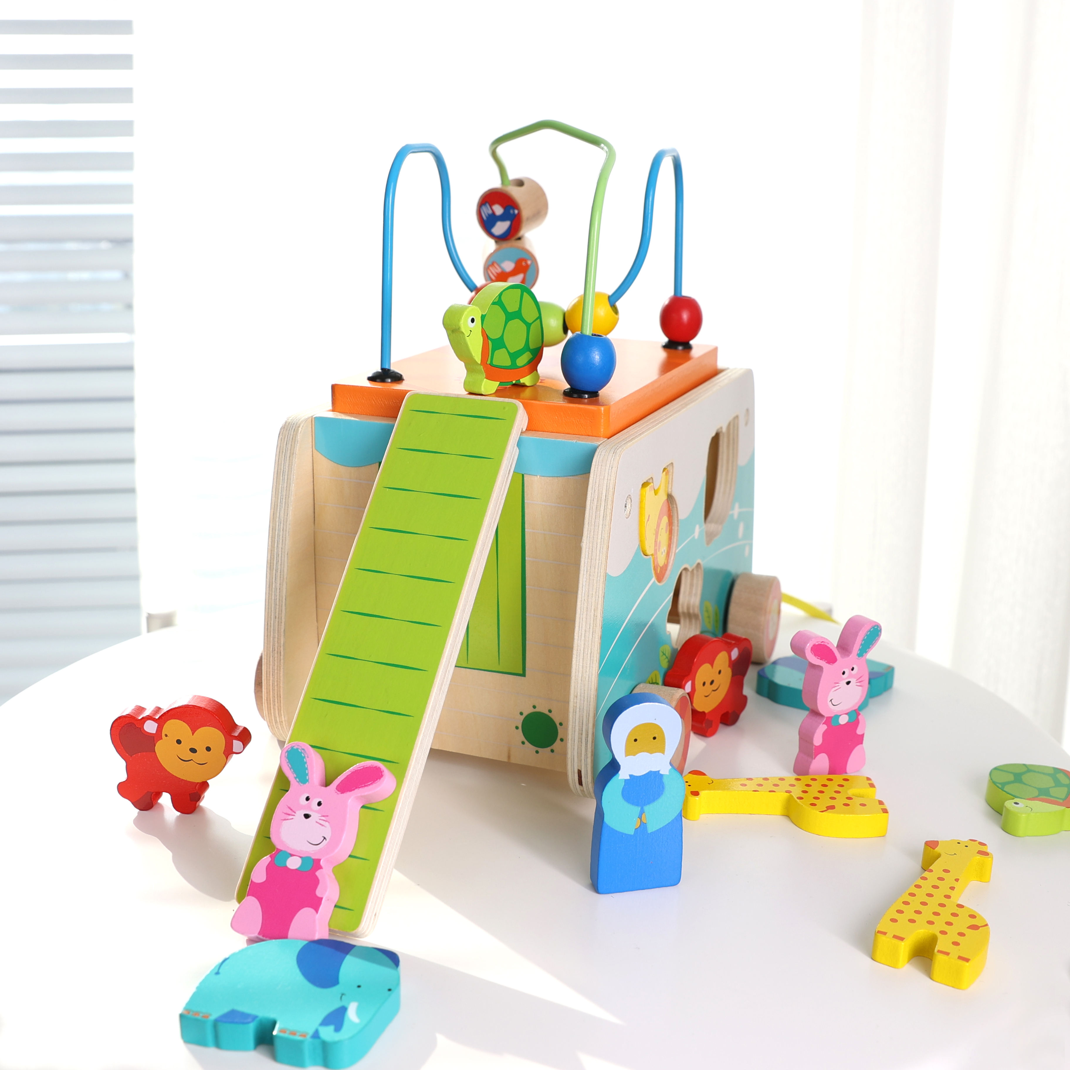 Children Early Educational Bamboo Pull Along Noah's Ark Wooden Animal Car Toys