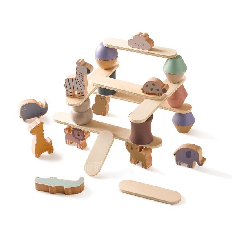 Children's solid wood early education cognitive toys ins wind block wood animal stacking balance wood puzzle toys