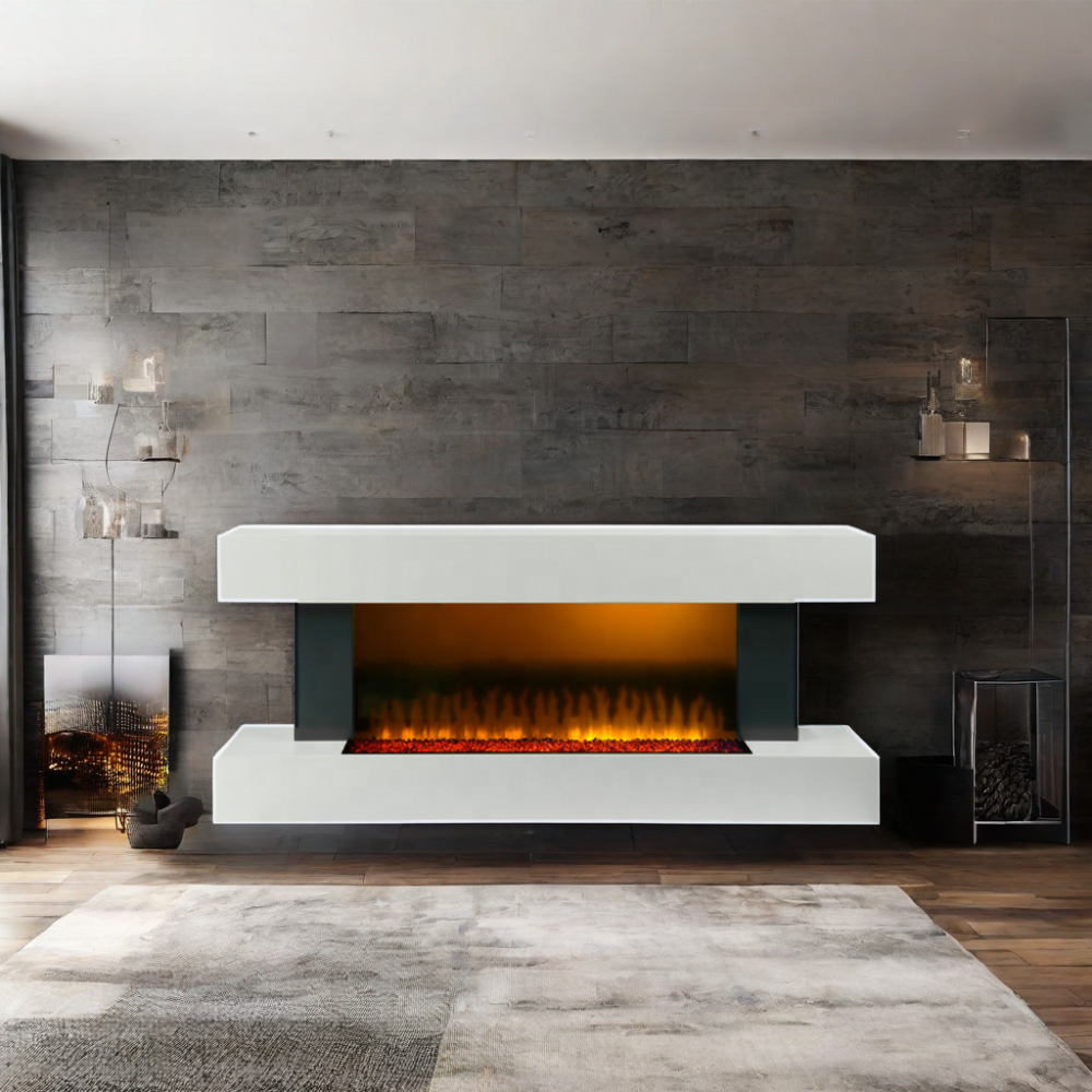 Modern 52-Inch Wall-Mounted LED Fireplace Heater Wood Design with Remote Control 2000W EU Plug Power for Home Decoration