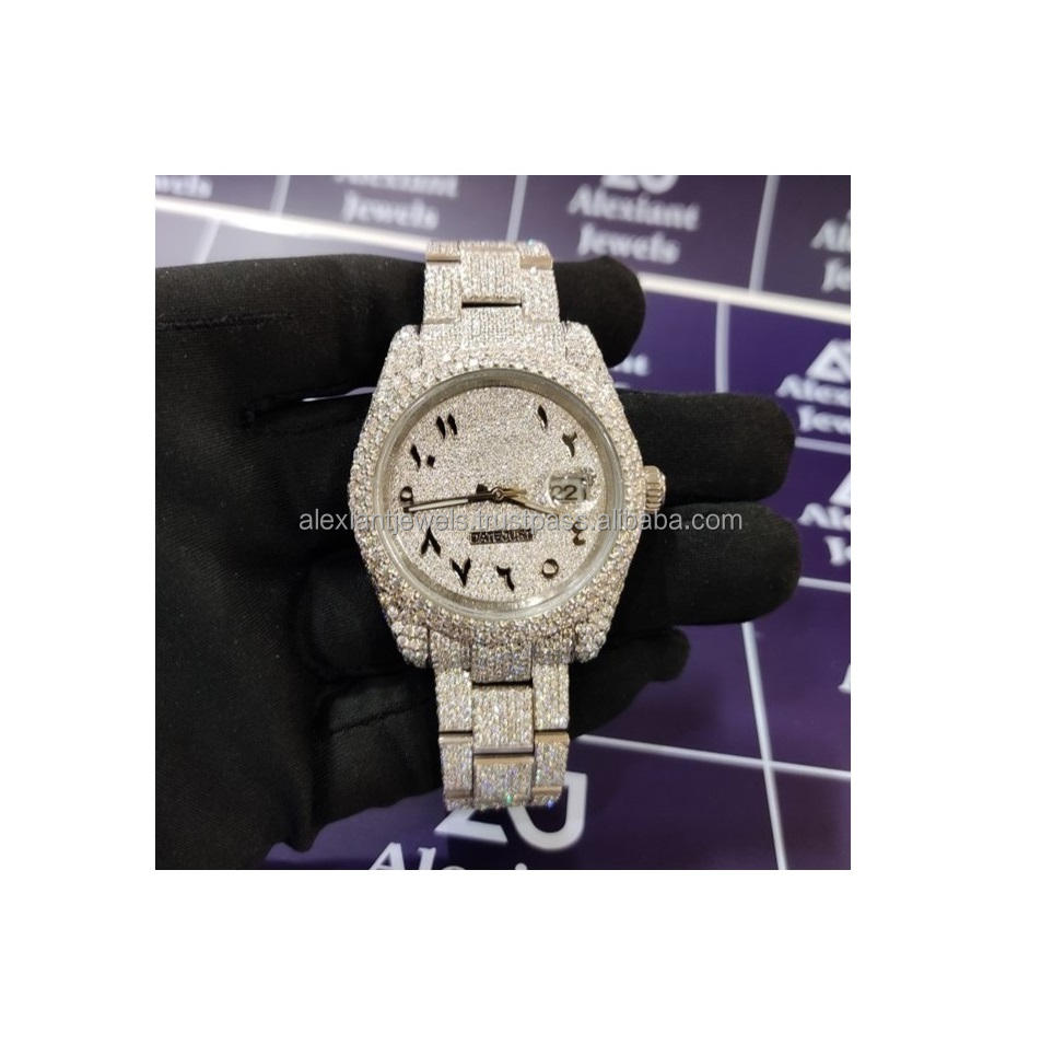 Best Selling Top Brand Luxury Bling Bust Down Full White Moissanite Diamond Micro Setting Wrist Watches at Wholesale Price