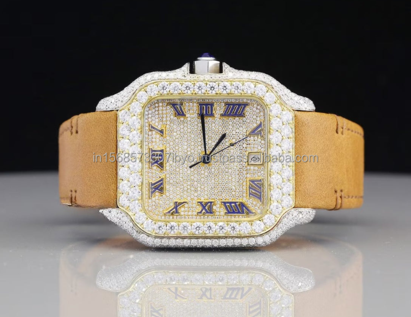 Natural Moissanite Diamond Men Watch Sterling Silver Handmade Watch Square Shape Case Party Luxury Watch Color custom Numerical