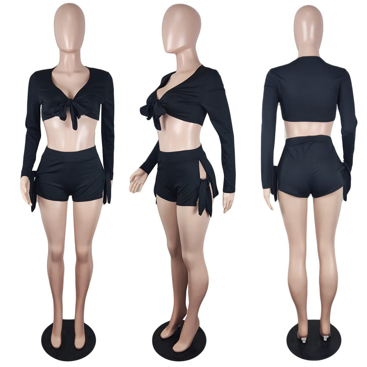 2024 Oem Custom Summer Long Sleeve Crop Top Tie Up Two Piece Women Short Set V Neck Biker Shorts Outfits Women Clothing 
