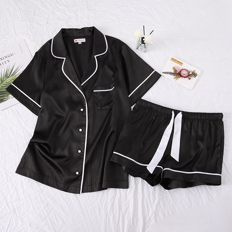 Custom Summer Silk Pajamas Womens Short Sleeve Sleepwear Soft Satin Button Down Loungewear 2 Piece Pjs Shorts Set For Women 