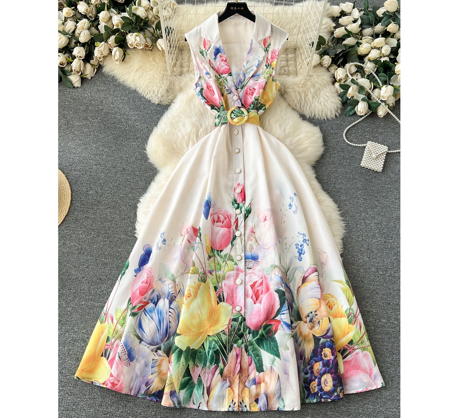 Wholesale 2024 Spring/summer Temperament Sleeveless Suit Collar Waist Single Breasted A-line Printed Women's Dresses 