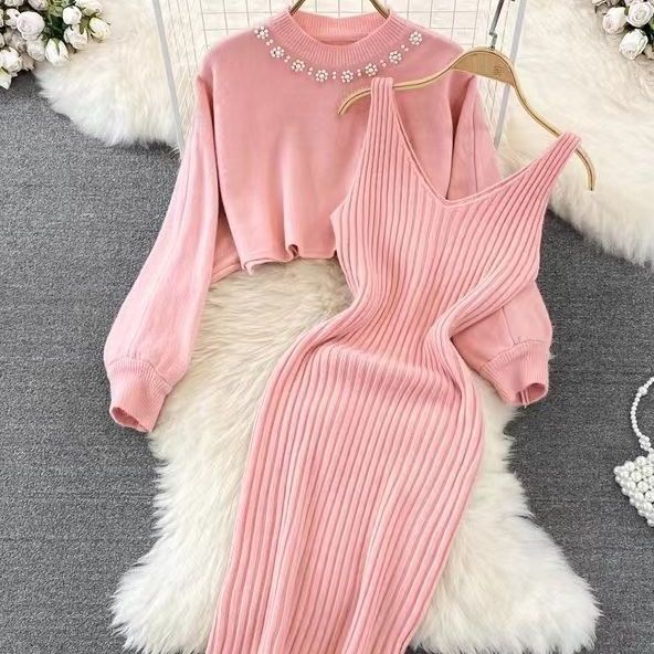 Oem Custom Winter Long Sleeve Sweater Cardigan Dress Women Ladies Knitted Sweater Two Piece Set 