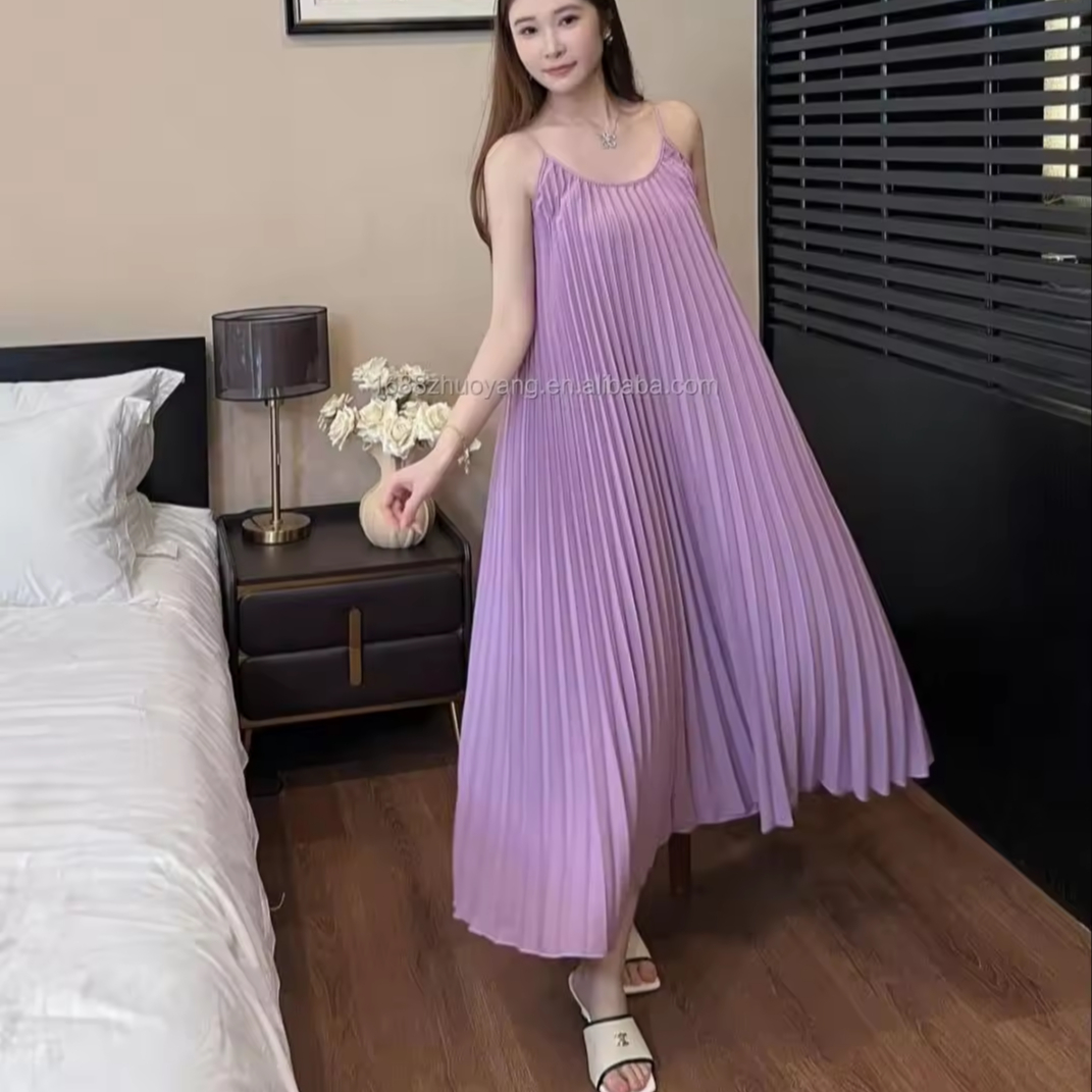 Clothing Manufacturers Custom Summer Fashion Casual Women's Clothing Loose Sling Pleated Long Dress For Women 