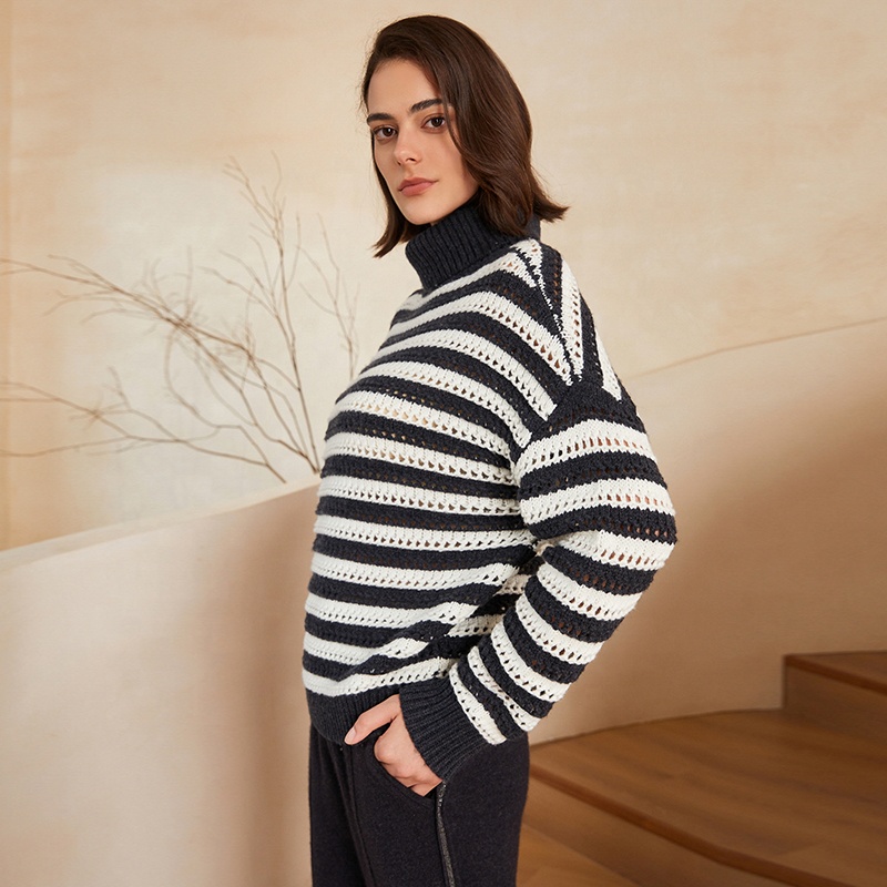 23bc-290 Colorblocking Turtle Neck 100% Wool Clothes Knit Knitwear Women's Clothing Sweaters Woolen Sweater Wholesale 