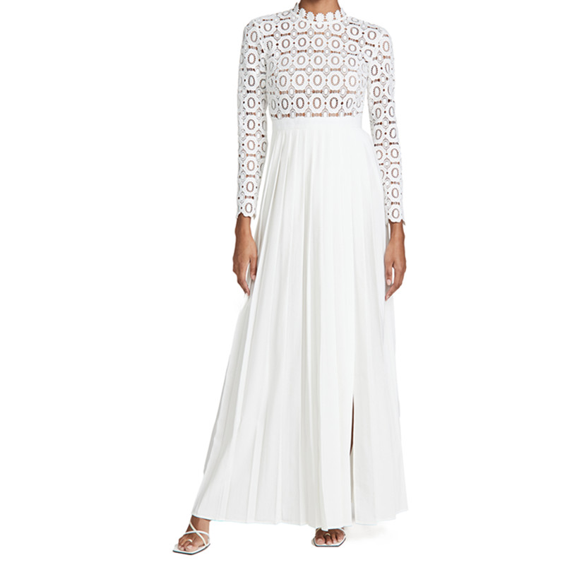 Oem 2021 New Style Elegant Long Sleeves Weaving Floral Pleated Slit Bridal Dress 