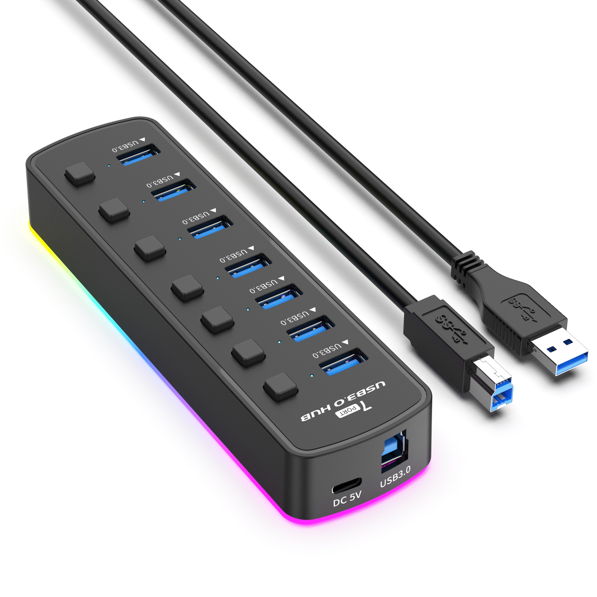 7-interface Splitter Usb 3.0 Dock Colorful Breathing Light Computer Camera Hub Switch Group Control Brush 