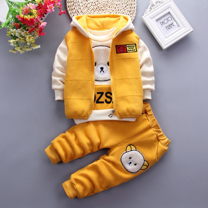 Comfortable Casual Cute Cartoon Bear Printing Spring Autumn Fall Three Pieces Set Boutique Children Clothes Boys 2019 