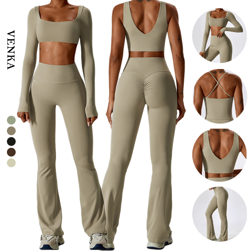 New Design Women Sportswear Long Sleeve Sports Top Bra High Waist Butt Lifting Leggings Suit Gym Fitness 2 Piece Yoga Sets 