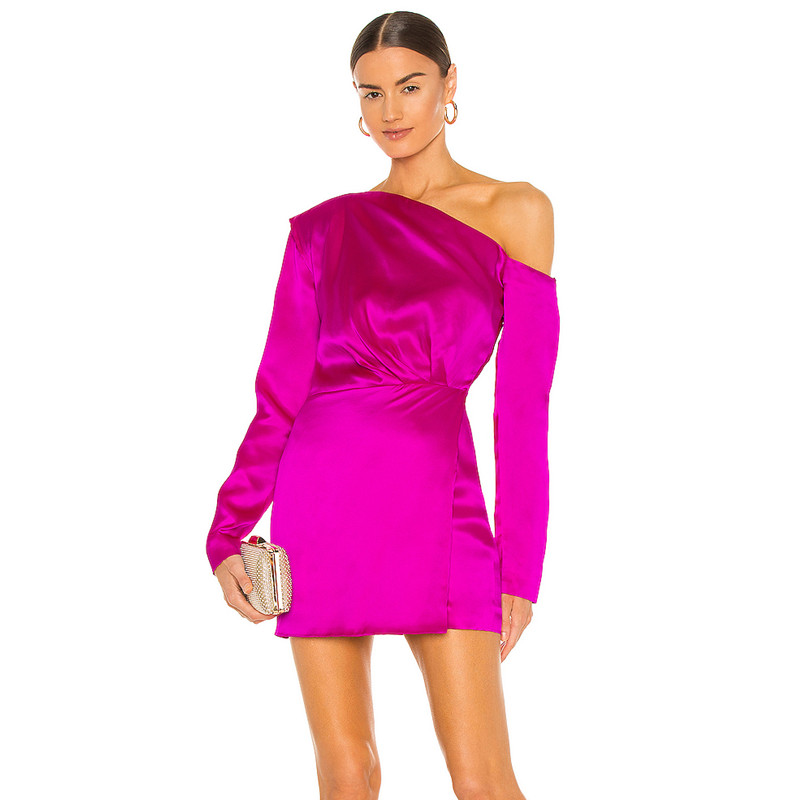Customize One Shoulder Lady Elegant Satin Evening Party Club Pink Sexy Bodycon Mini Dress Women 