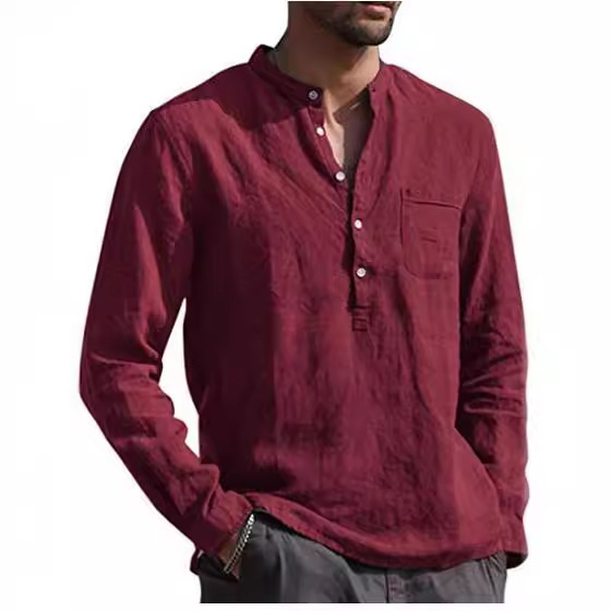 Men's Long-sleeved Cotton Linen Shirts Solid Color Stand-up Collar Beach Style Men's Long Sleeve V-neck Casual Linen Shirt 