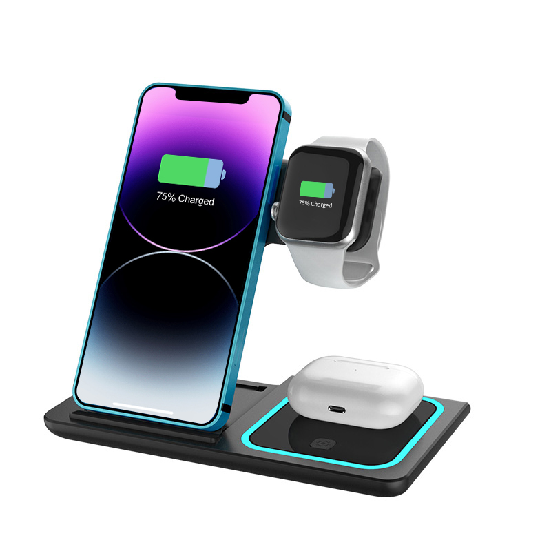 Foldable 18w X455 3 In 1 Fast Charging Desktop Cellphone Mount Wireless Phone Charger For Apple Iwatch With Atmosphere Lamp 