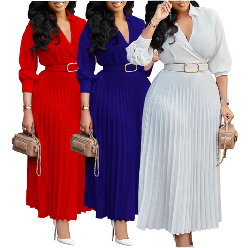 Summer Women Trendy Dress Lady Elegant Solid Color Long Sleeve Casual Dress 