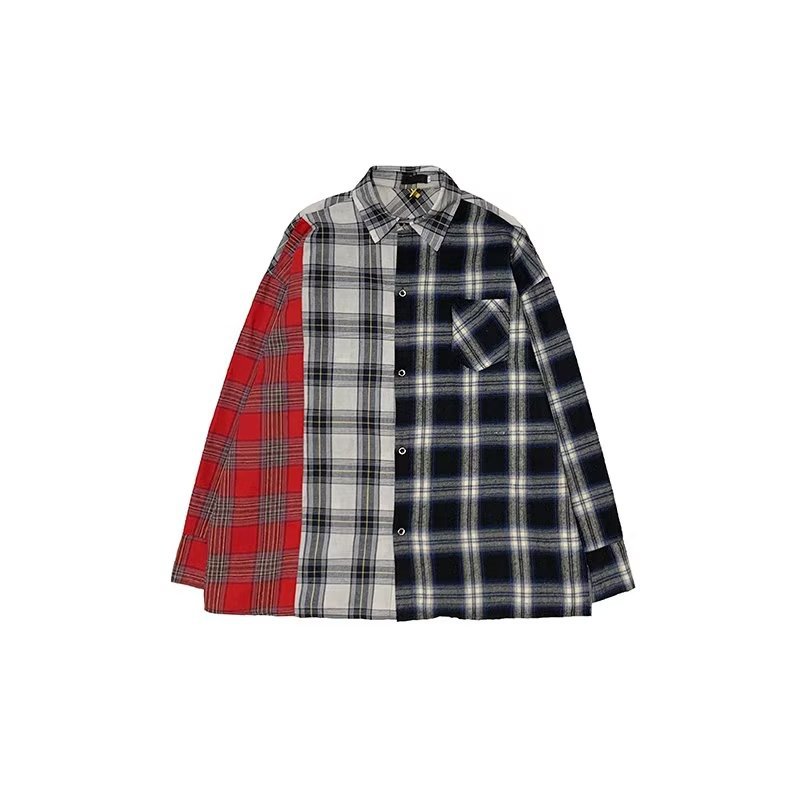 High Quality Autumn/winter Men's Casual Color Blocking Contrast Color Loose Hip Hop Handsome Long Sleeve Plaid Shirt 
