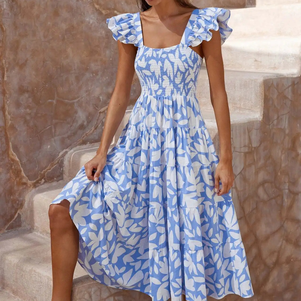 Bohemian Dress Short Sleeve Square Collar Maxi Dress Women's Floral Print 2024 Summer Clothing Woman Digital Printing 