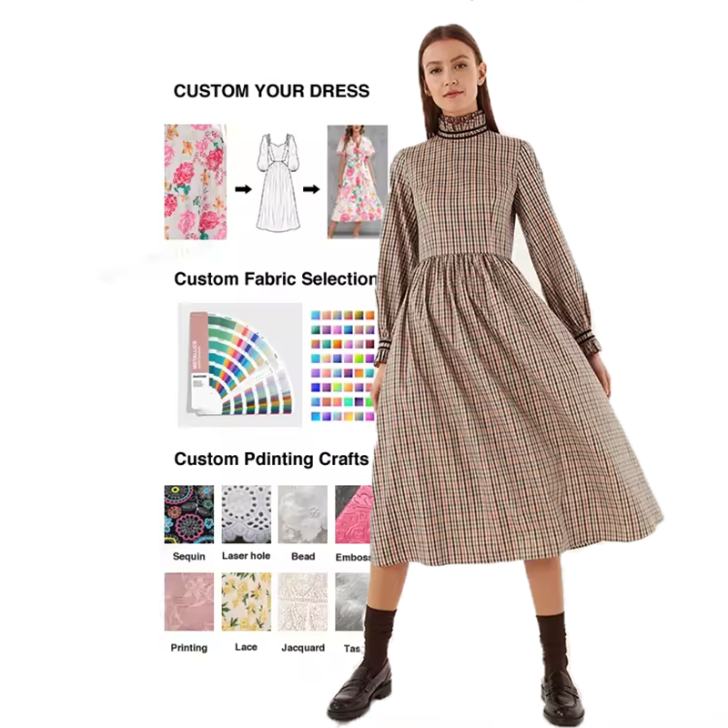 Women Design Dress Fashion Boutique Custom Logo Fall Winter Print Casual Clothing Apparel Design Service Manufacture Factory 