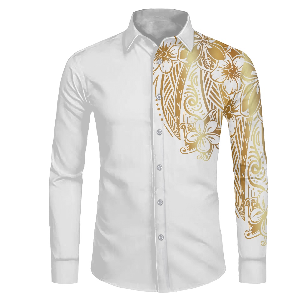 2022 New Arrival Fashion Men's Casual Shirts White Polynesian Tribal Shirt With Golden Samoa Tattoo Printed Oem Shirt For Men 