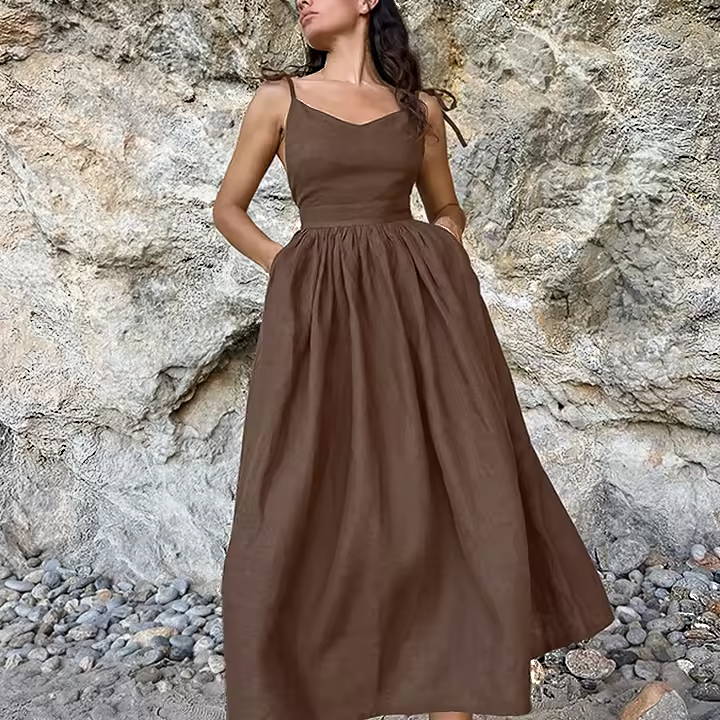 Custom Summer New Solid Bohemian Vacation Beach Women Luxury Midi Casual Cotton Linen Dress 