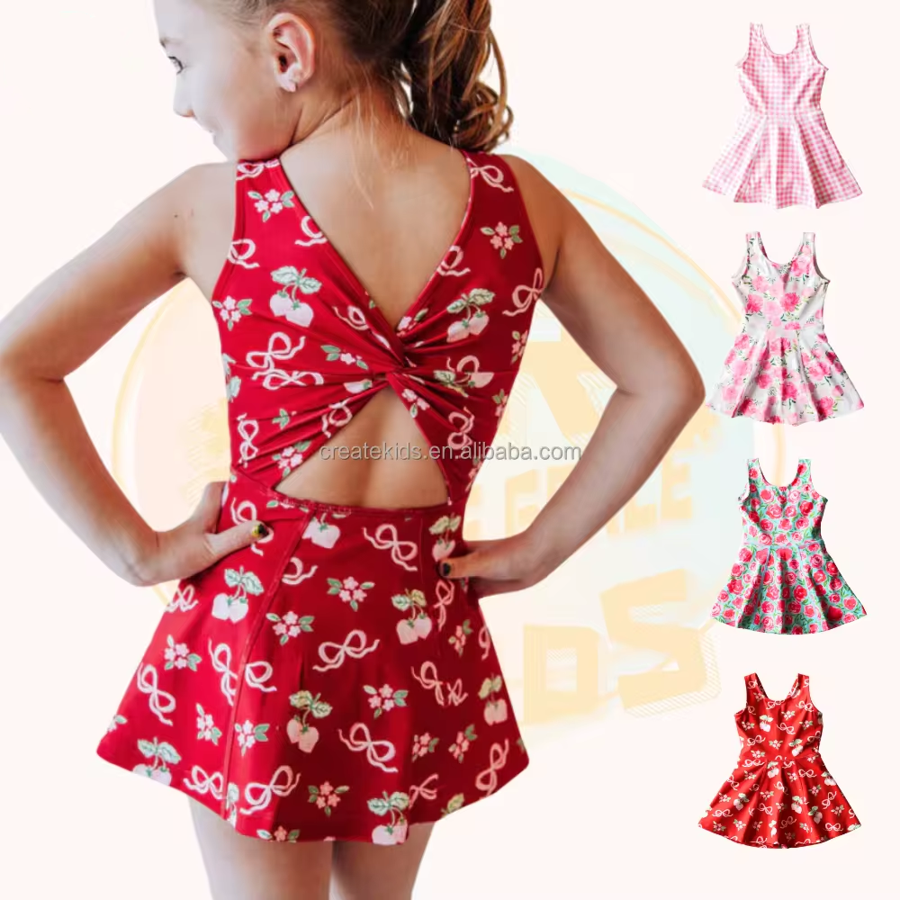 Wholesale Girls Flower Printed Children Athletic Wear Teenager Fitness Yoga Training Dance 2in1 Dress For Kids 