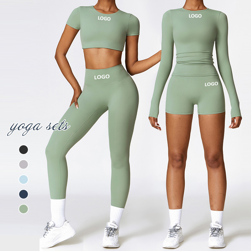 Tz8519 New Brushed Yoga Sets For Women 2 Piece Long Sleeve Crop Top Active Wear Outfits Women's 4 Piece Workout Outfits 