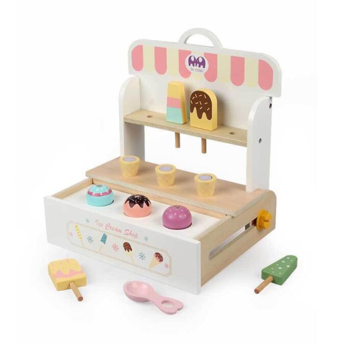Children's Kitchen Toys Wooden Ice Cream Counter Pretend Play Toys For Kids Role Play Wooden Food Games Gift For Boy And Girl 