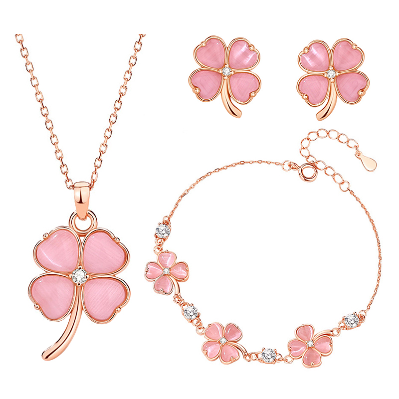 990 Silver Four-leaf Clover Necklace Bracelet Stud Earrings Waterproof Jewelry Sweet Opal Pink Four-leaf Clover Jewelry Sets 
