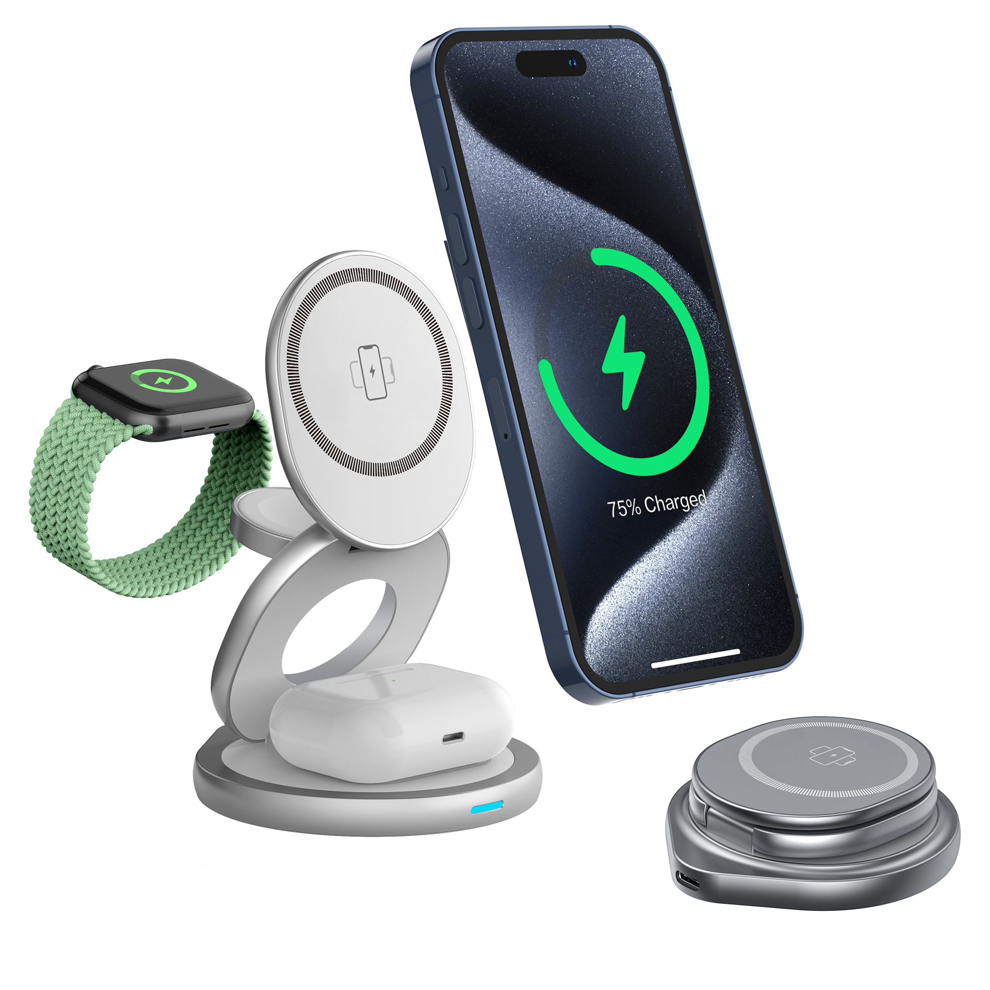 New Arrival Hot Selling Metallic 3 In 1 Folding Magnetic Wireless Charger 15w Metal Fold Fast Charging Stand 