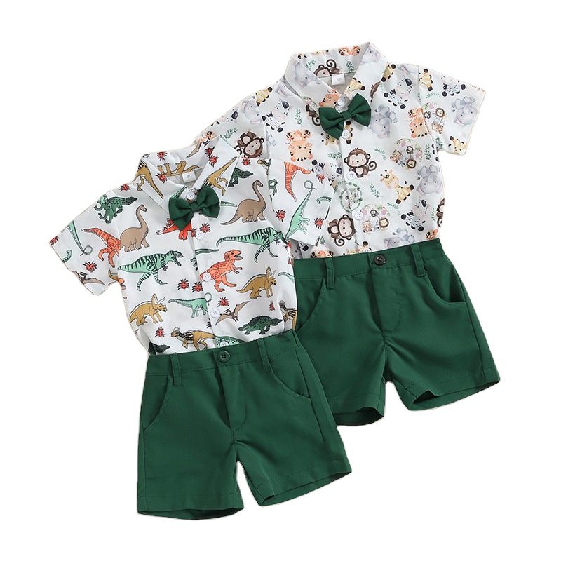 New Summer Children Wear Animal Print Short Sleeve Shirt Collar Tops Shorts 2pcs Suit Kids Boys Clothes Sets 
