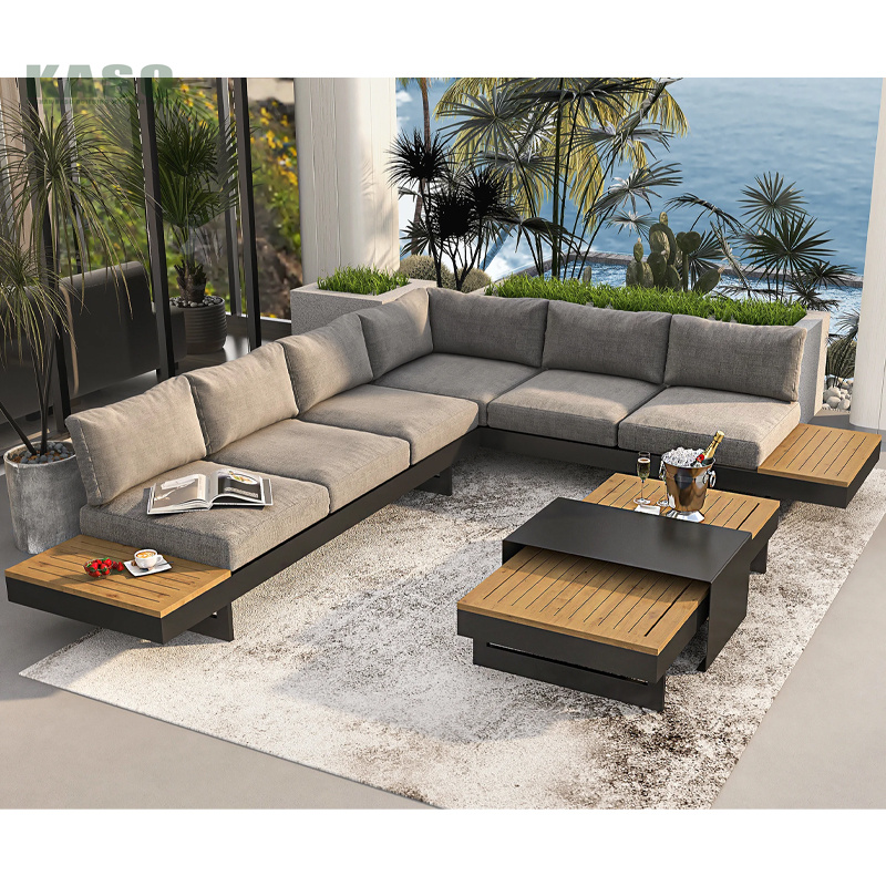 High End Hotel Modern L Shaped Teak Wood Sofa Patio Furniture Aluminum Outdoor Seating Luxury Garden Sofa Set Outdoor Sectional 