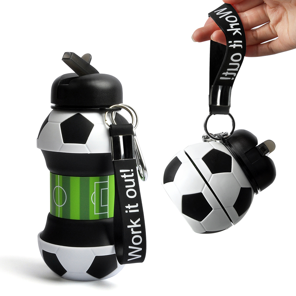 Children Travel Straw Silicone Football Botella De Agua Sports Drinkware Soccer Collapsible Kids Water Bottle With Custom Logo 