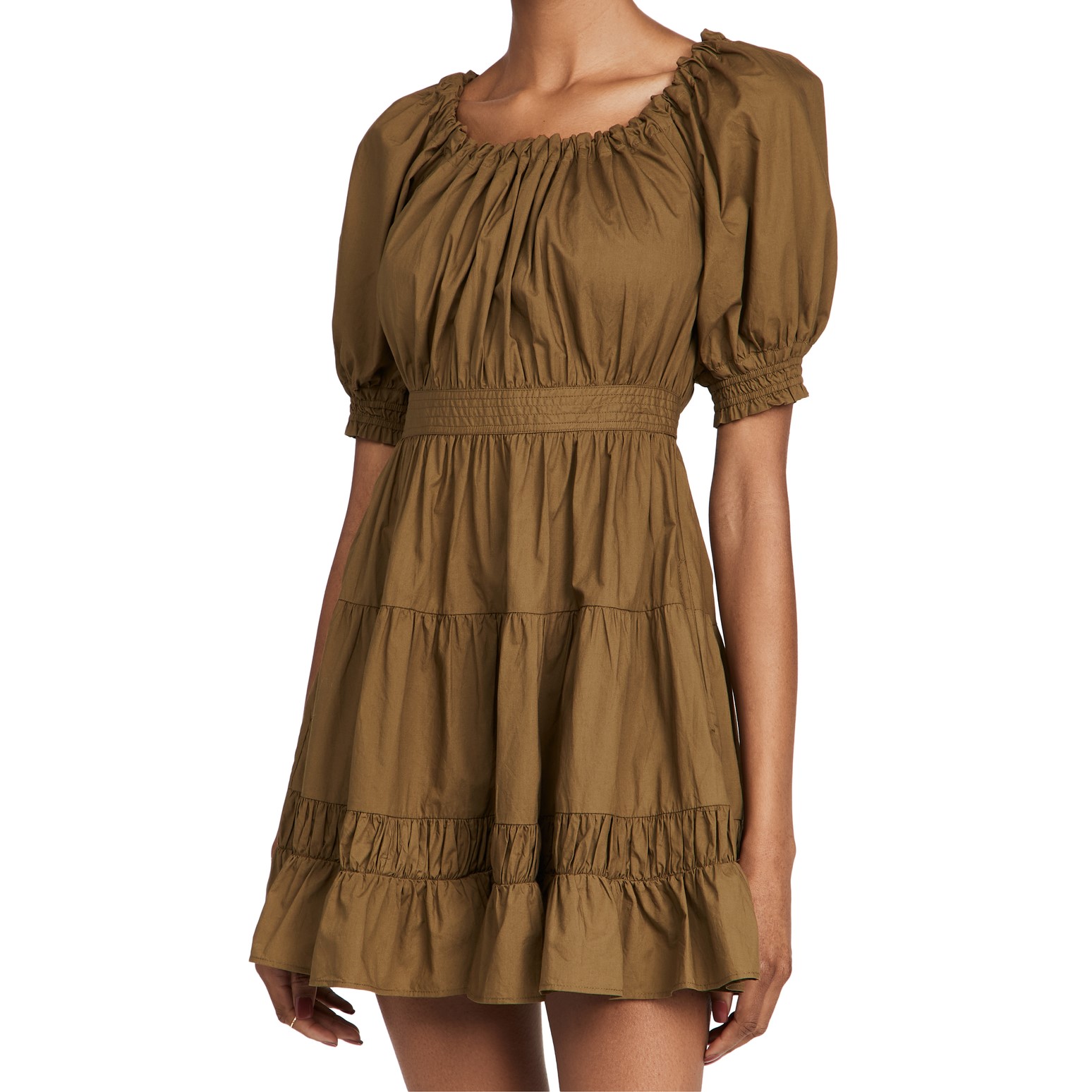 Custom Summer Cotton Scoop Neck Solid Color Lady Casual Ruffle Mini Pleated Tiered Short Puff Sleeve Dress Women 