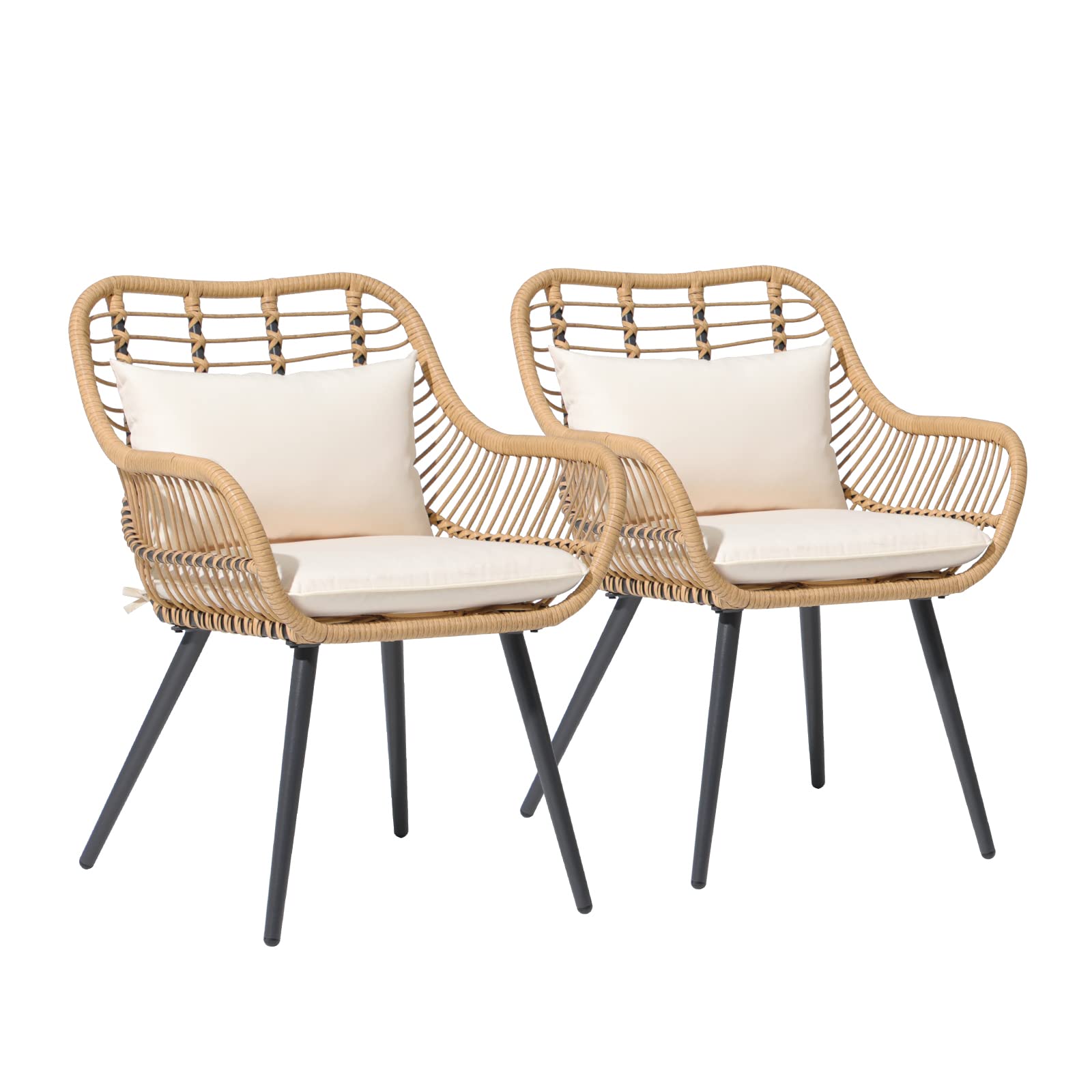 Outdoor Patio Living 3 Piece Table And Chairs Set Modern Tan Wicker Linen Cushions Beige Handcrafted Garden Furniture 