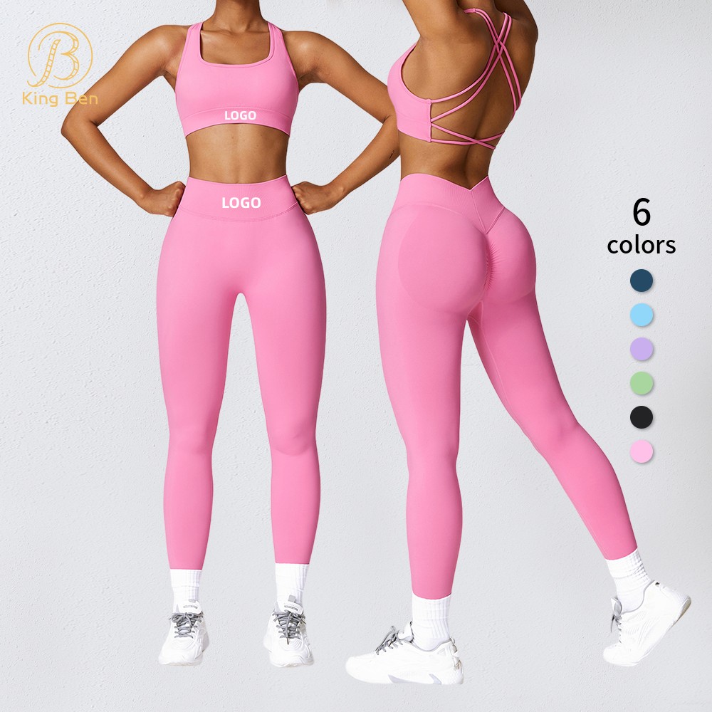 Custom Logo 2 Piece Seamless Yoga Set Cross Back Sports Bra High Waist V Back Shape Leggings Spring 2024 Womens Clothing 