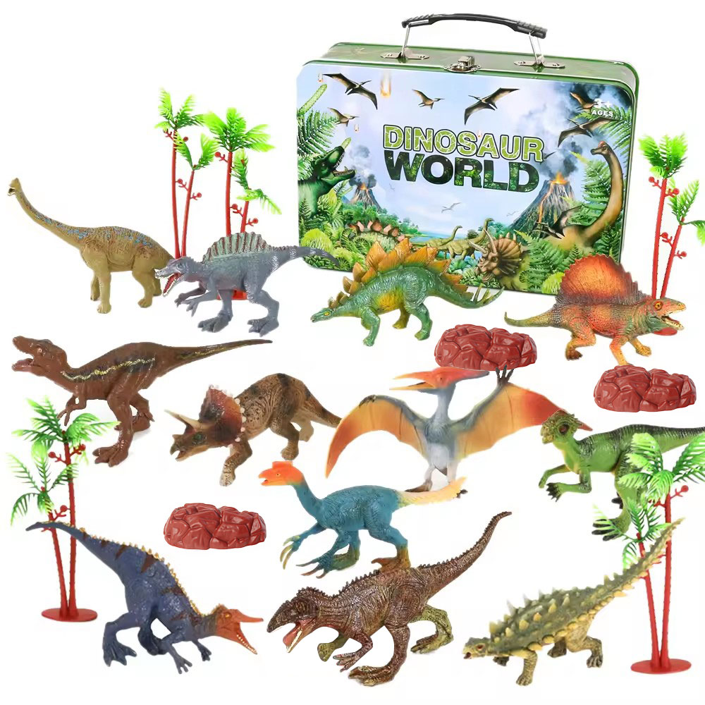Dinosaurio Juguetes 12pcs Mixed Kids Gift Solid 7' Pvc Plastic Dinosaur Toy In Tin Portable Box 