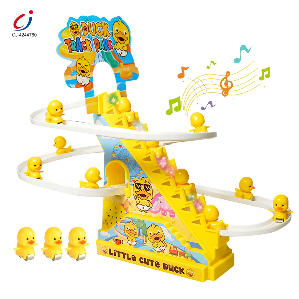 Chengji Diy Rail Racing Track Electric Small Duck Climbing Stairs Set Educational Battery Operated Lighting Music Duck Slide Toy 