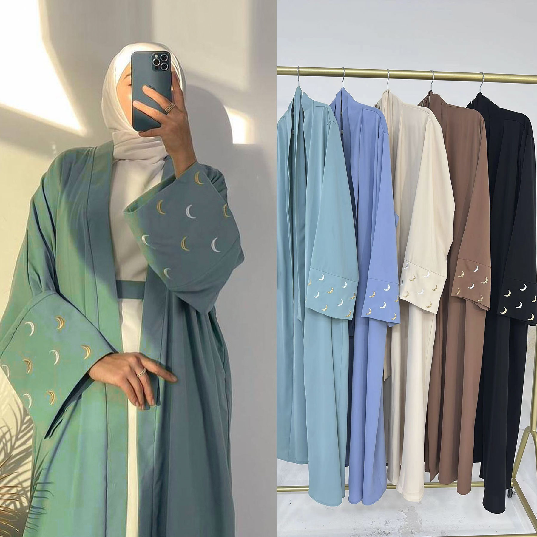 Abaya 2024 Loriya Eid New Islamic Clothing Women's Dresses Nida Moon Embroidery Open Abaya Modest Dubai Abaya Women Muslim Dress 