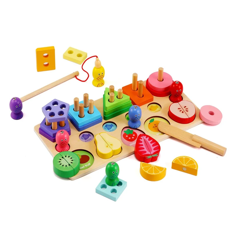 Wooden Montessori Sorting Stacking Play Cutting Fruit Fish Game Shape Sorter Learning Toys For Toddler 