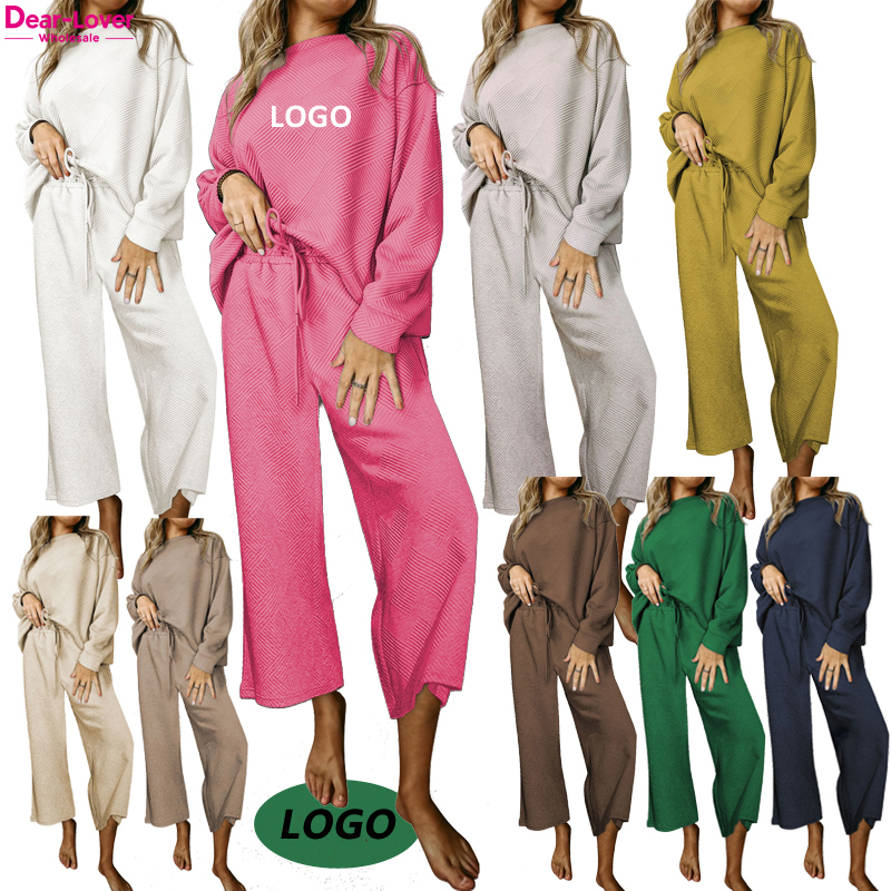 Dear-lover Wholesale Custom Graphic Print Textured Ribbed Loungewear Women Pants Sets Lounge Wear Two Piece Set Women Clothing 