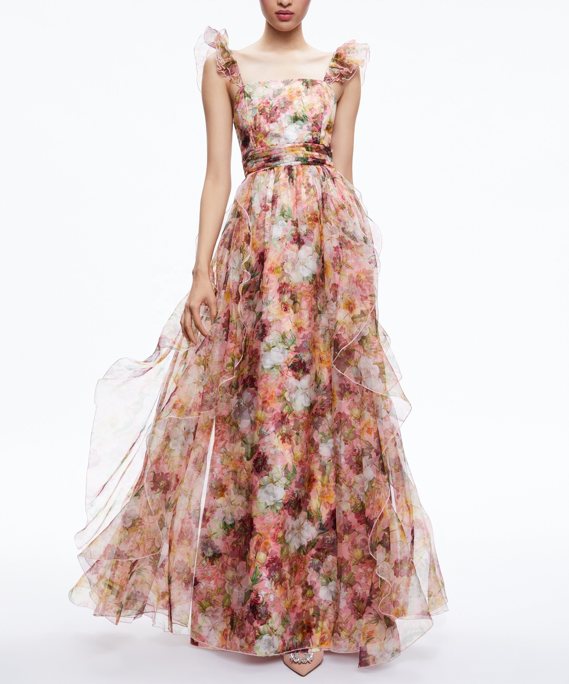 New Arrival Allover Floral Print Romantic Long Gown Dress Elegant Ruffled Straps And Skirt Chic Flowy Maxi Women Evening Dress 