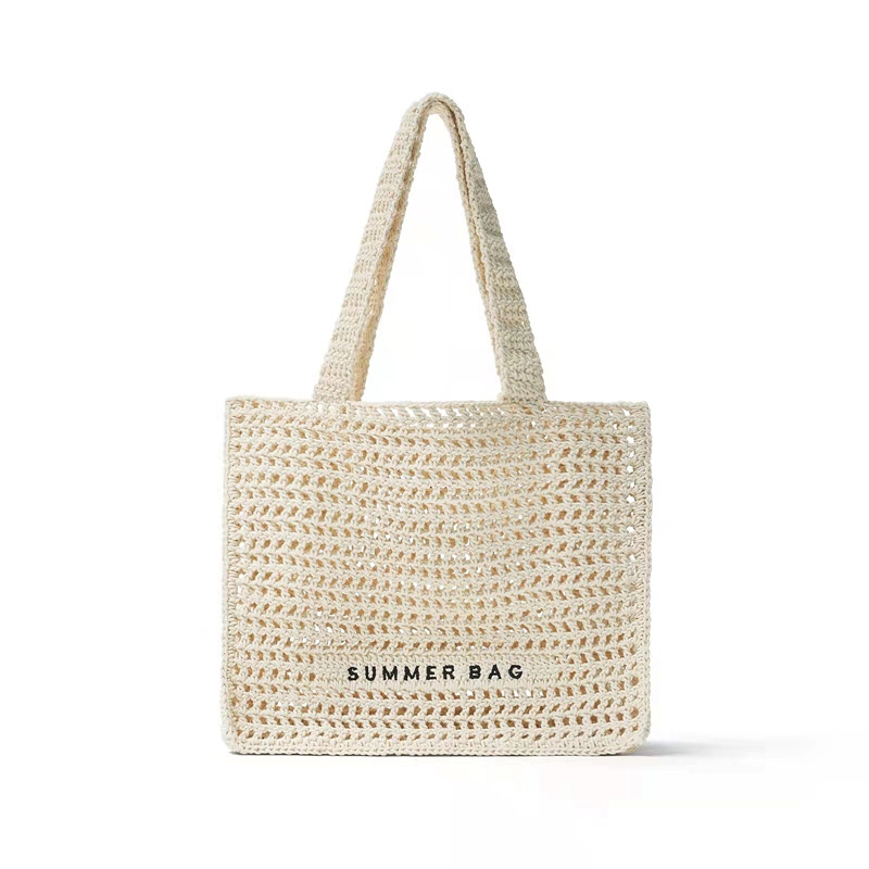 Solid Color Simple Summer Holiday Hollowed Out Cotton Crochet Tote Bag Beach Handbag Women Casual Knit Shoulder Bag For Female 