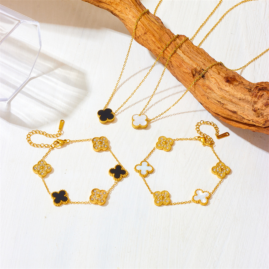Clover Necklace Jewelry Set 18k Gold Plated Black And White Four Leaf Clover Bracelet Stainless Steel Jewelry For Women 